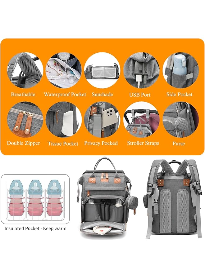 NALACAL Waterproof Baby Diaper Bag Backpack With Changing Station Large Capacity Travel Bag For Moms & Dads With Usb Charging Port Stylish Baby Shower Gift For New Parents Multi Function (Grey) - Image 5