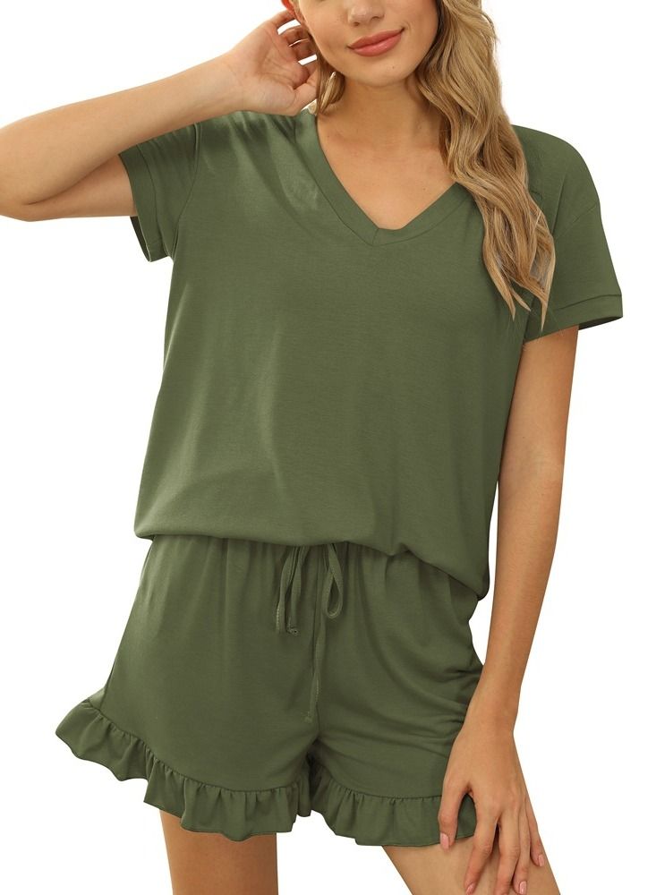 Loquat Women's Spring And Summer Home Two Piece Set Casual Shorts ShortS Sleeved Pajama Set 