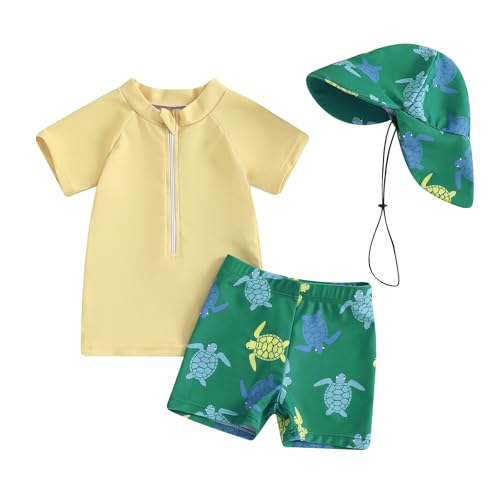 DuAnyozu Baby Boys Swimsuit Long Sleeve Rash Guard Swimwear Baby Boy Swim Trunk with Hat Set 3-Piece Toddler Bathing Suit (Yellow, 6-12 Months) - Image 1