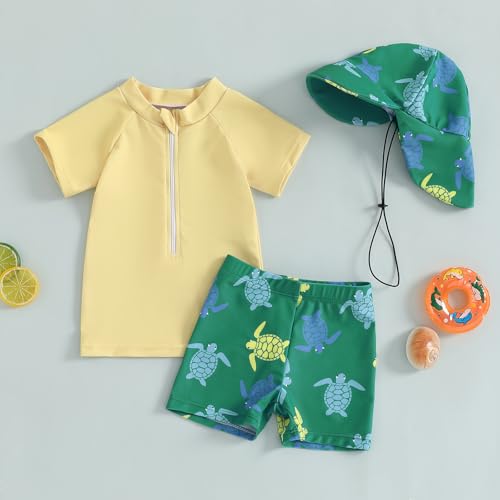 DuAnyozu Baby Boys Swimsuit Long Sleeve Rash Guard Swimwear Baby Boy Swim Trunk with Hat Set 3-Piece Toddler Bathing Suit (Yellow, 6-12 Months) - Image 3
