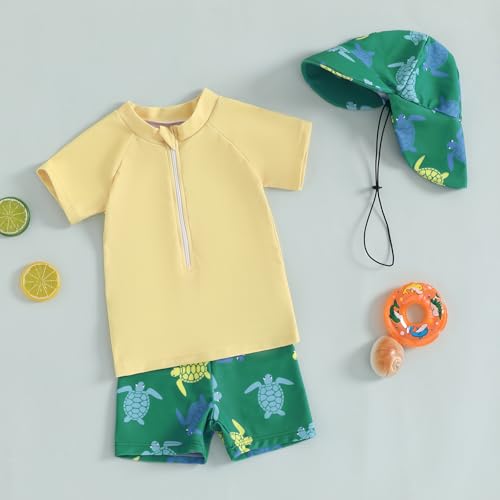 DuAnyozu Baby Boys Swimsuit Long Sleeve Rash Guard Swimwear Baby Boy Swim Trunk with Hat Set 3-Piece Toddler Bathing Suit (Yellow, 6-12 Months) - Image 4