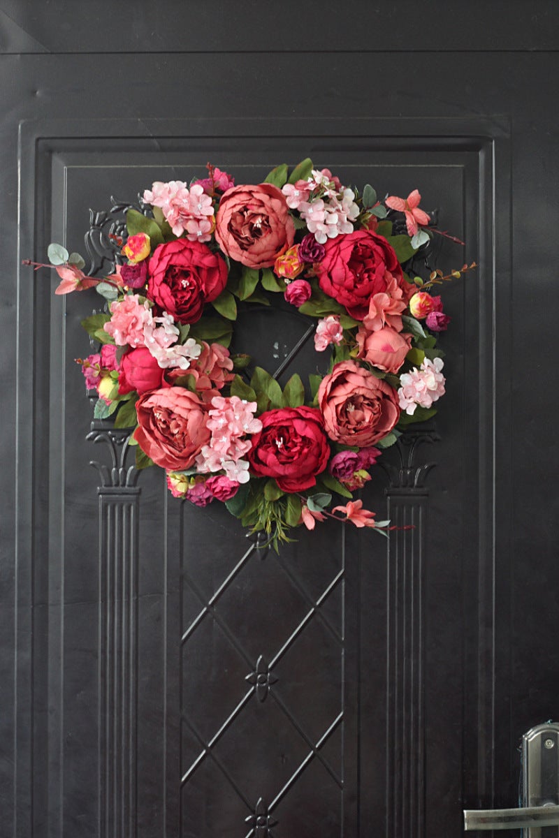 Artificial Peony Garland: 40cm Deep Red Silk Durable Reusable Front Door Wreath - Elegant Vivid Artistic Romantic Home Wall Hanging Decoration for Holiday Gifting & Seasonal Decor - Image 1