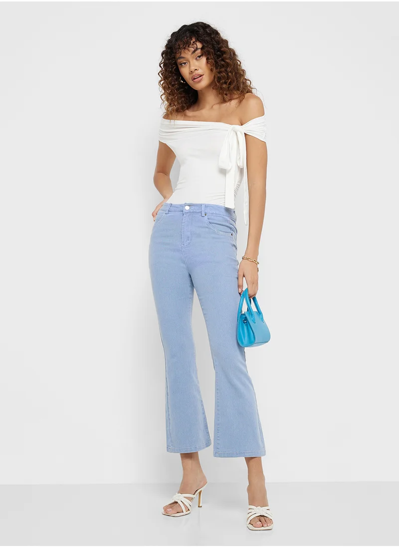 Ginger Assymetric Neck Tie Up Detail Ruched Top