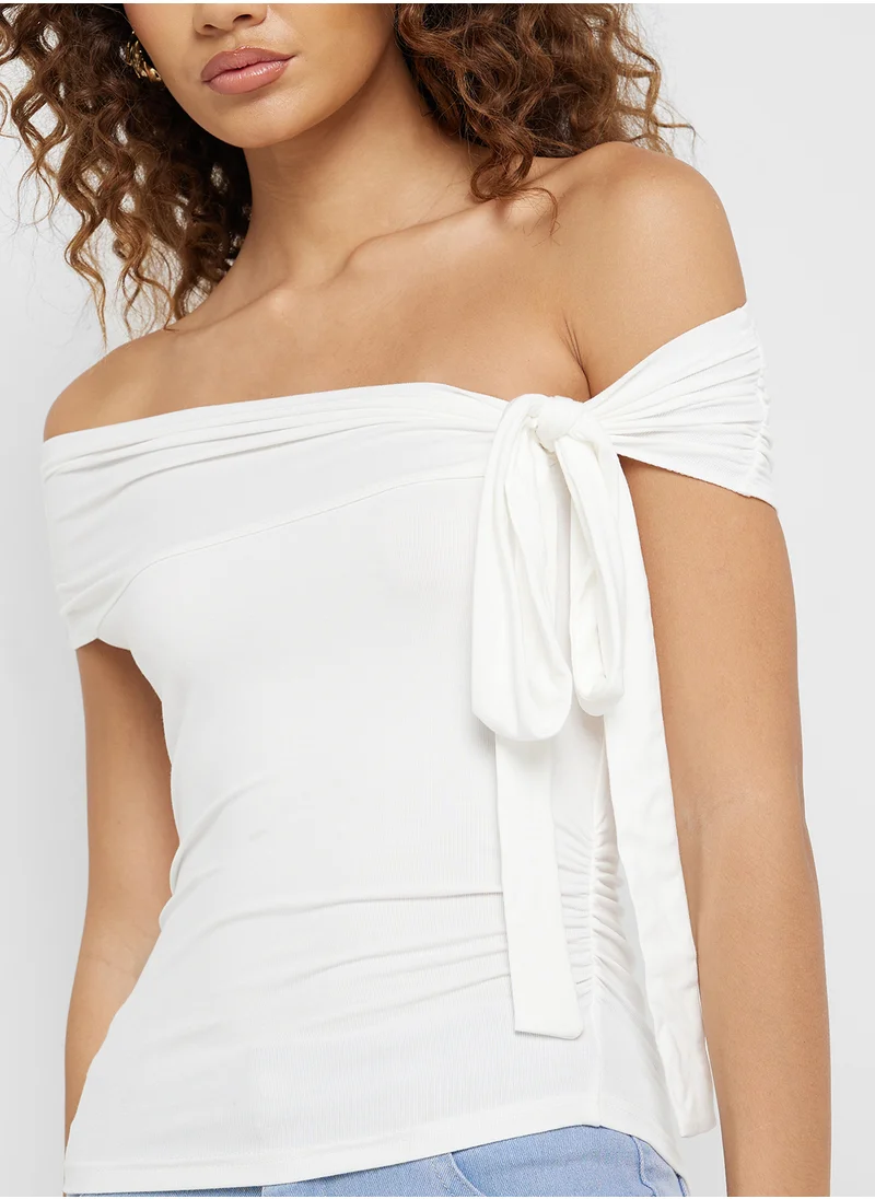 Ginger Assymetric Neck Tie Up Detail Ruched Top