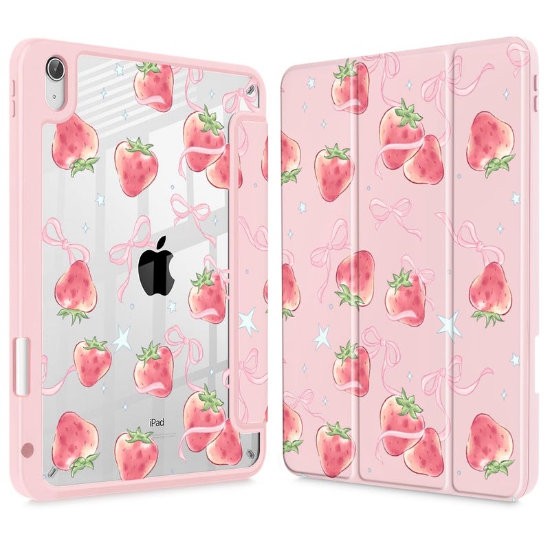 May Chen for iPad (A16) 11th Generation Case 11 Inch 2025, iPad 10th Gen Case 2022 10.9 inch, Built-in Pencil Holder with Shockproof Cover Clear Transparent Back Shell Auto Wake/Sleep, Bow Strawberry - Image 1