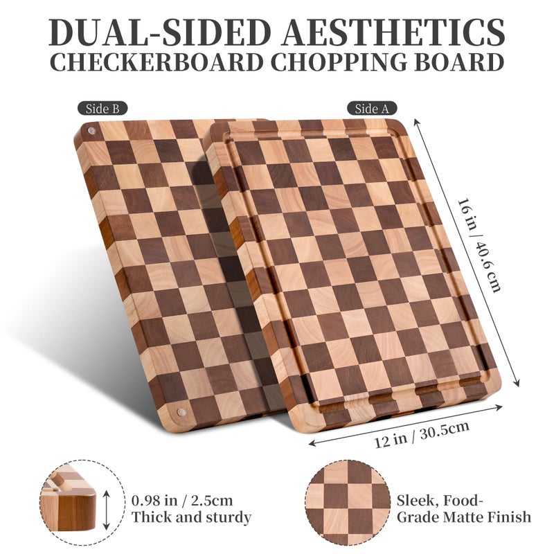 WILLKOMMEN Checkered Cutting Board for Kitchenâ€“ Wood Checkerboard End Grain Chopping Board 1" Thick Butcher Block with Juice Groove & Handle, Reversible for Cooking and Serving (Rectangular) - Image 3