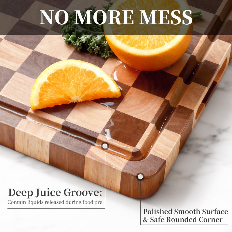 WILLKOMMEN Checkered Cutting Board for Kitchenâ€“ Wood Checkerboard End Grain Chopping Board 1" Thick Butcher Block with Juice Groove & Handle, Reversible for Cooking and Serving (Rectangular) - Image 4