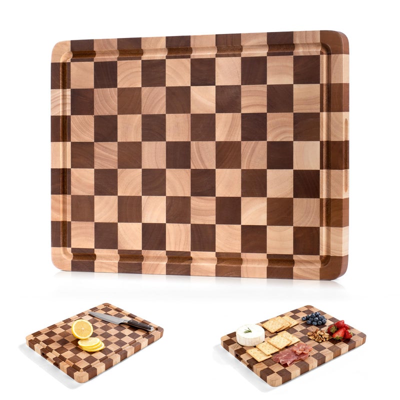 WILLKOMMEN Checkered Cutting Board for Kitchenâ€“ Wood Checkerboard End Grain Chopping Board 1" Thick Butcher Block with Juice Groove & Handle, Reversible for Cooking and Serving (Rectangular) - Image 1