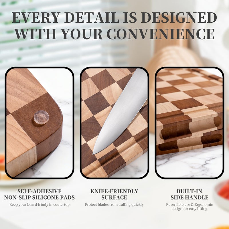 WILLKOMMEN Checkered Cutting Board for Kitchenâ€“ Wood Checkerboard End Grain Chopping Board 1" Thick Butcher Block with Juice Groove & Handle, Reversible for Cooking and Serving (Rectangular) - Image 5
