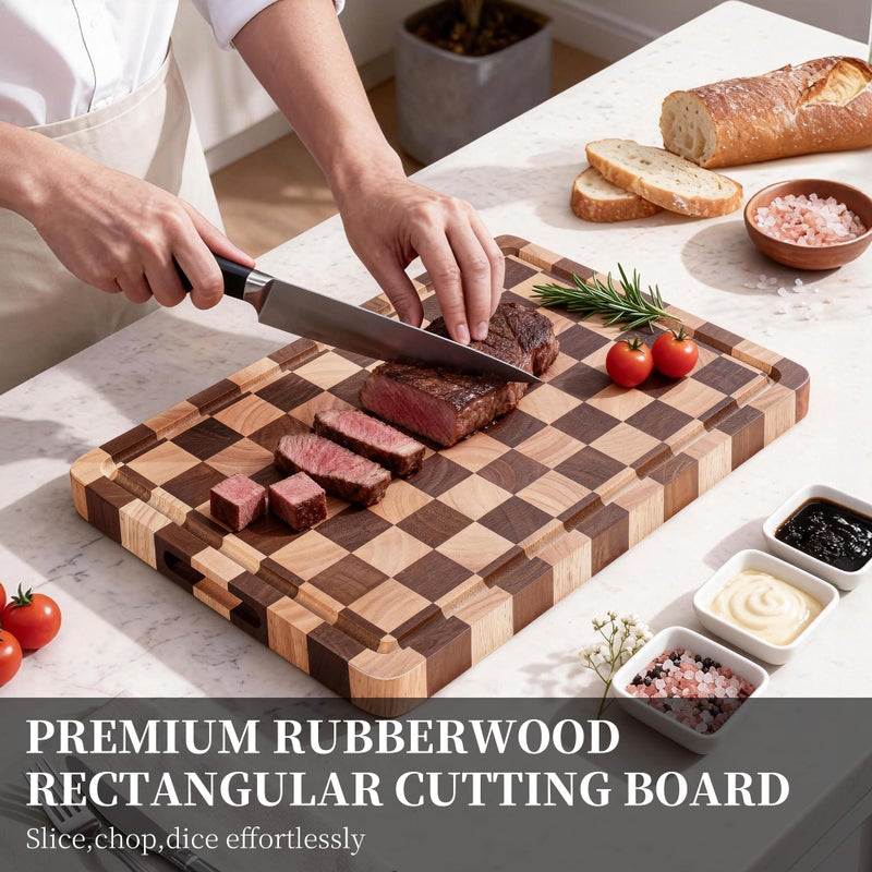 WILLKOMMEN Checkered Cutting Board for Kitchenâ€“ Wood Checkerboard End Grain Chopping Board 1" Thick Butcher Block with Juice Groove & Handle, Reversible for Cooking and Serving (Rectangular) - Image 2