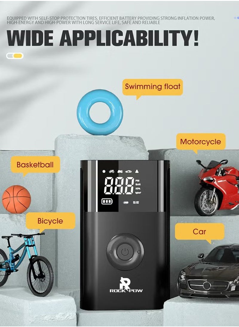 Rock Pow Tyre Inflator Portable Air Compressor, 2600mAh×2 Battery Powerful Cordless Air Pump With 5V/2A USB output, Digital Display/LED Light 150PSI Compact Tire Inflator for Car, Motorcycle, Bike, Ball  - Image 4