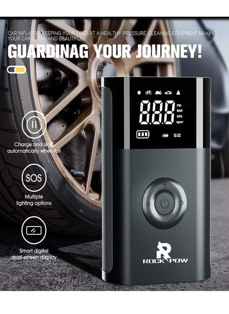 Rock Pow Tyre Inflator Portable Air Compressor, 2600mAh×2 Battery Powerful Cordless Air Pump With 5V/2A USB output, Digital Display/LED Light 150PSI Compact Tire Inflator for Car, Motorcycle, Bike, Ball  - Image 2