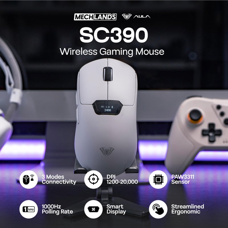 MechLands Aula SC390 Lightweight Gaming Mouse with Display Screen, 2.4G/USB-C/BT Wireless Mouse with 400mAh Battery, Adjustable 20,000 DPI & 1000 Polling Rate, PAW3311 Sensor, for Win/Mac (White) - Image 2