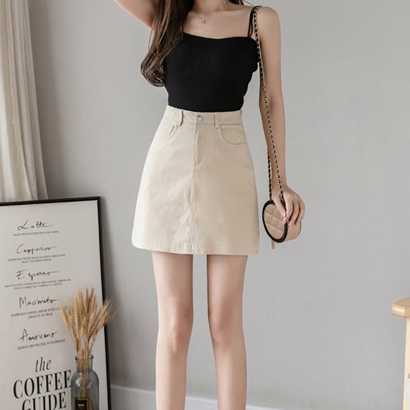 Women's High Waist A-line Denim Mini Skirt with Pockets - Image 3