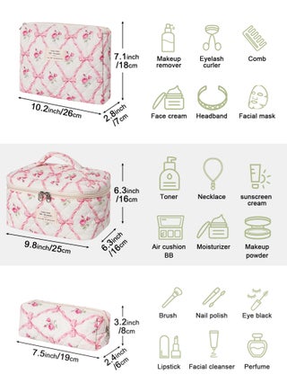 Makeup Bag,Quilted Cosmetic Bags,Large Floral Make Up Organize bag,Makeup Bag Set for Women,Flower Travel Toiletry Bag - view 2
