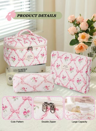 Makeup Bag,Quilted Cosmetic Bags,Large Floral Make Up Organize bag,Makeup Bag Set for Women,Flower Travel Toiletry Bag - view 3