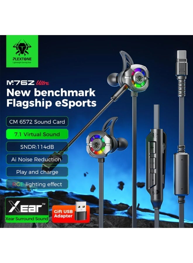 Plextone M762 Ultra Gaming Headset, 2-in-1 Type-C Gaming Headset with 7.1 Surround Sound, 40W Charging While Gaming, Dual Microphones with Noise Reduction Technology and Control Buttons, RGB Ring Lighting, Gives You a Professional Atmosphere, Black - Image 3