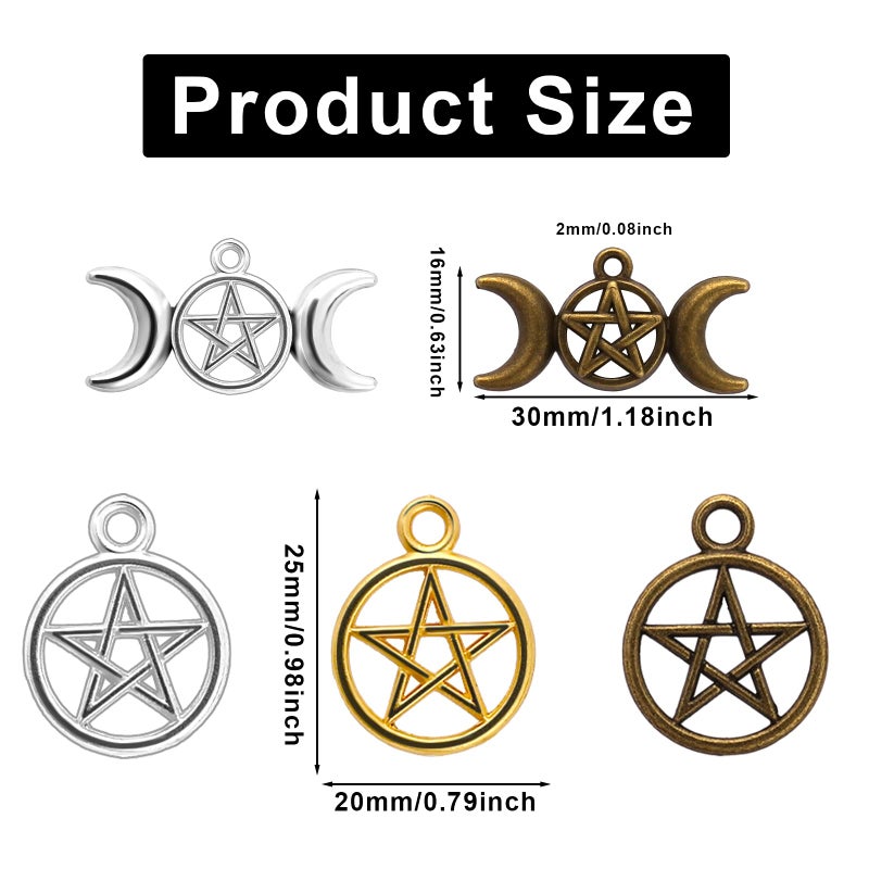 Sliverdew Alloy Pentagram Moon Charms 50PCS - Pentacle Star Pendant Lucky Witch Celestial Mixed Moon Star for DIY Earrings Necklace Bracelet Jewelry Craft Making Accessory - Image 4