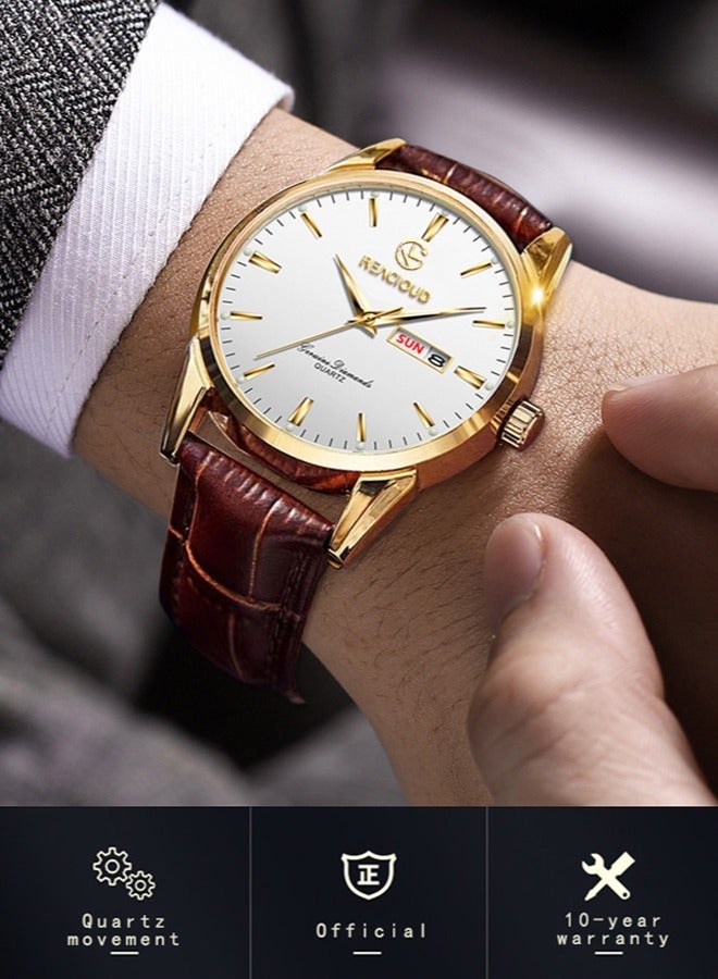 REACLOUD TOP Brand Classic Quartz Watch for Men Waterproof Leather strap Calendar Sports Business Men 's Quartz Wrist Watch - Image 4