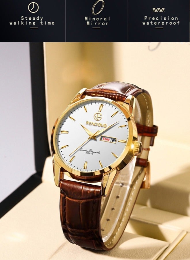 REACLOUD TOP Brand Classic Quartz Watch for Men Waterproof Leather strap Calendar Sports Business Men 's Quartz Wrist Watch - Image 3