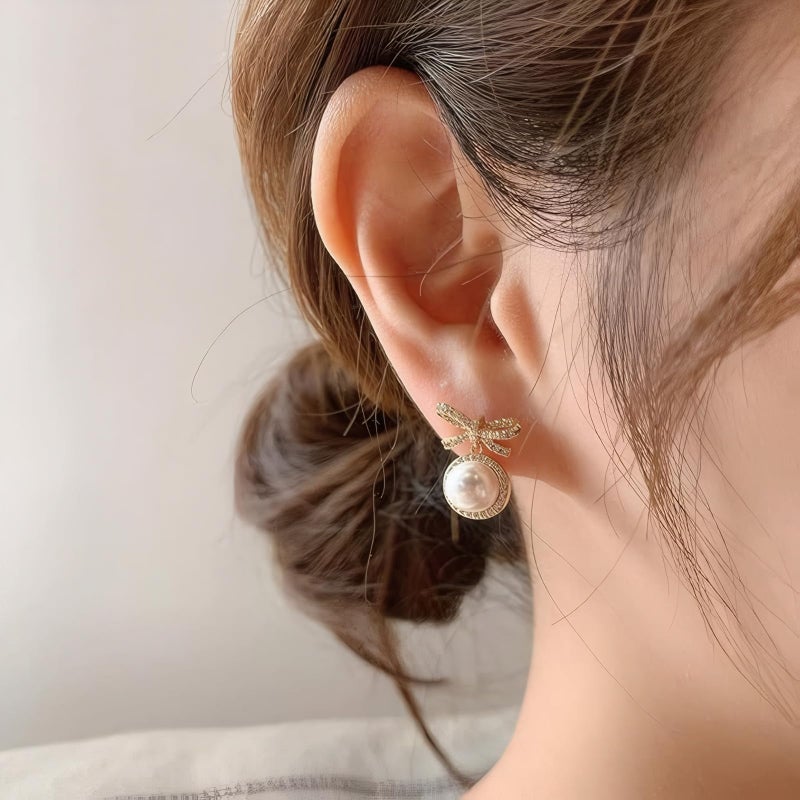 ecozran 14K Gold Ribbon cubic zirconia Bow Stud Earrings for Women Jewelry (Gold Bow-E) - Image 2