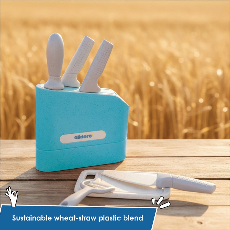alldoro Eco-Friendly Play Knife Block Set 7 Pieces | Wheat-Straw Plastic | 3 Knives Cutting Board Peeler Sharpener | Kids Kitchen Toy Age 3+ - Image 4