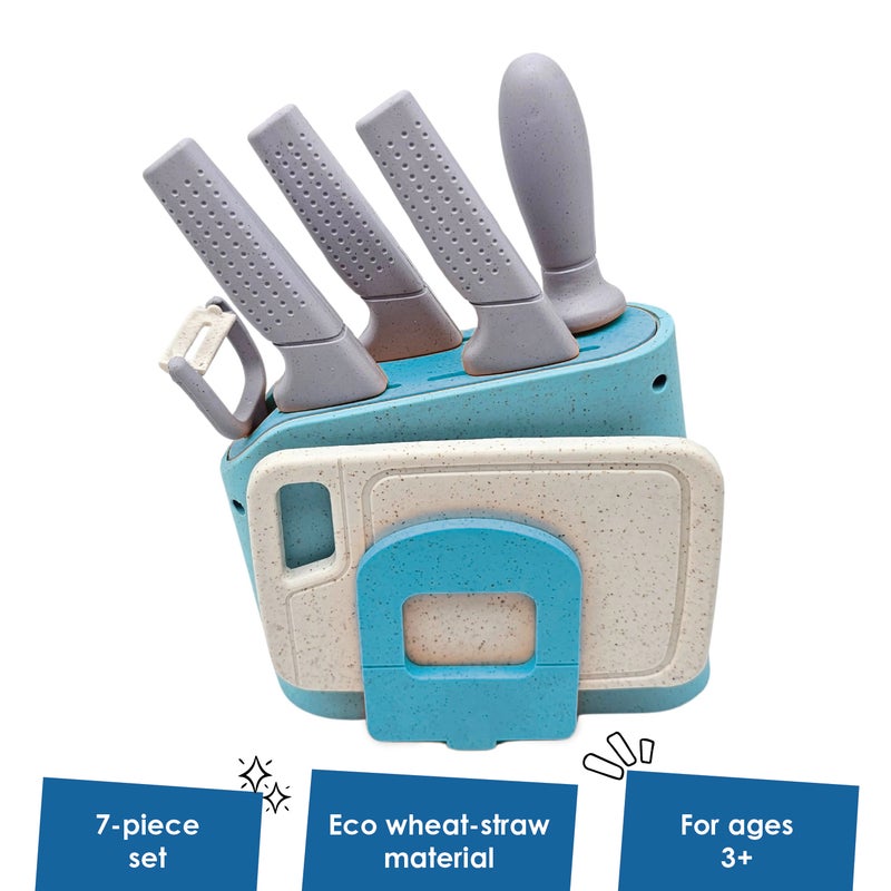 alldoro Eco-Friendly Play Knife Block Set 7 Pieces | Wheat-Straw Plastic | 3 Knives Cutting Board Peeler Sharpener | Kids Kitchen Toy Age 3+ - Image 2
