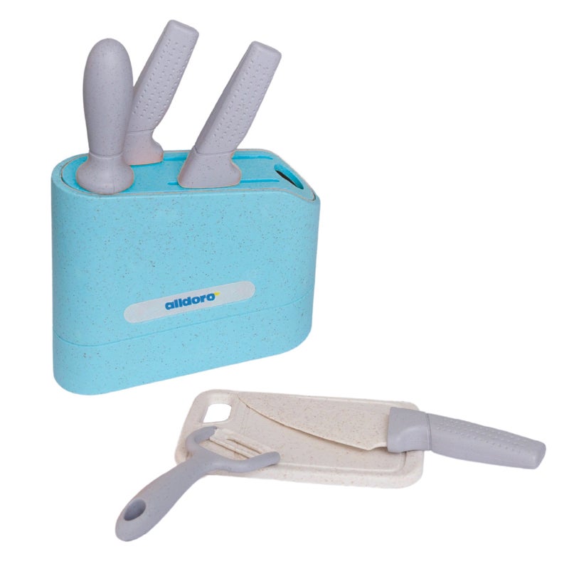 alldoro Eco-Friendly Play Knife Block Set 7 Pieces | Wheat-Straw Plastic | 3 Knives Cutting Board Peeler Sharpener | Kids Kitchen Toy Age 3+ - Image 1