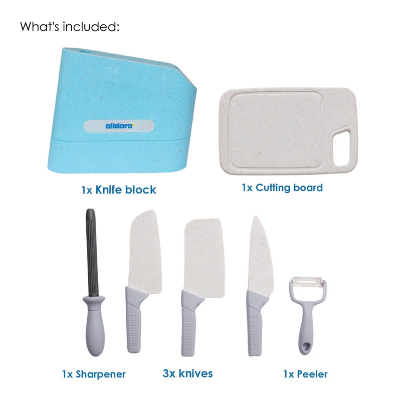 alldoro Eco-Friendly Play Knife Block Set 7 Pieces | Wheat-Straw Plastic | 3 Knives Cutting Board Peeler Sharpener | Kids Kitchen Toy Age 3+ - Image 3