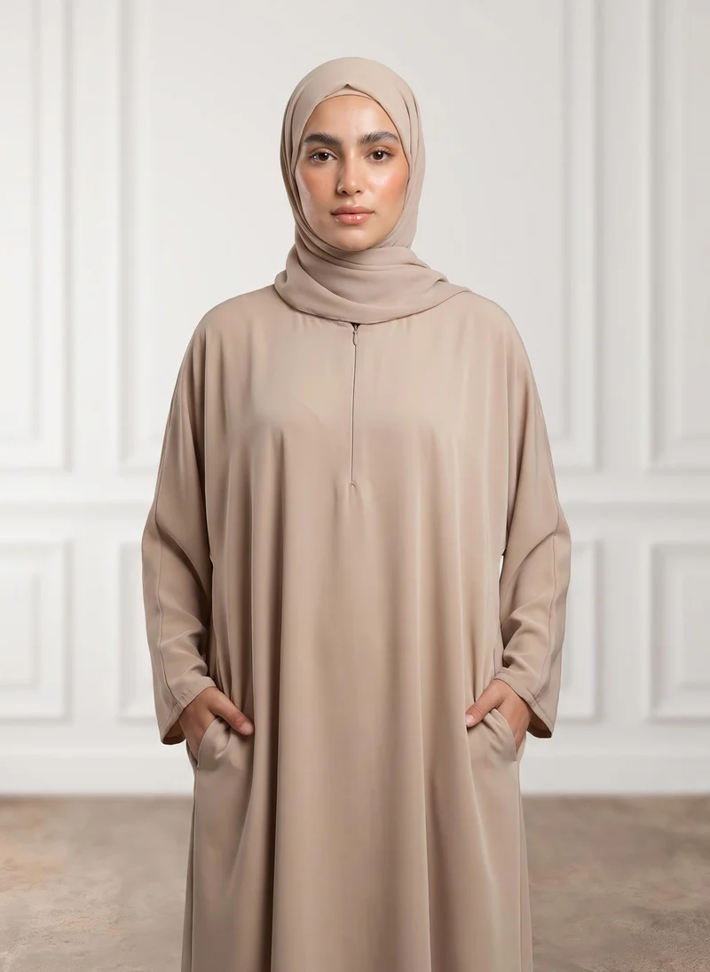 Nukhbaa  Sand Beige Front Zip Nida Abaya with Inside Belt & Pockets-962 for Women | Best Price UAE