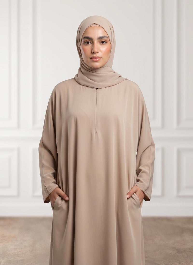 NUKHBAA Sand Beige Front Zip Nida Abaya with Inside Belt & Pockets-962 - Image 3