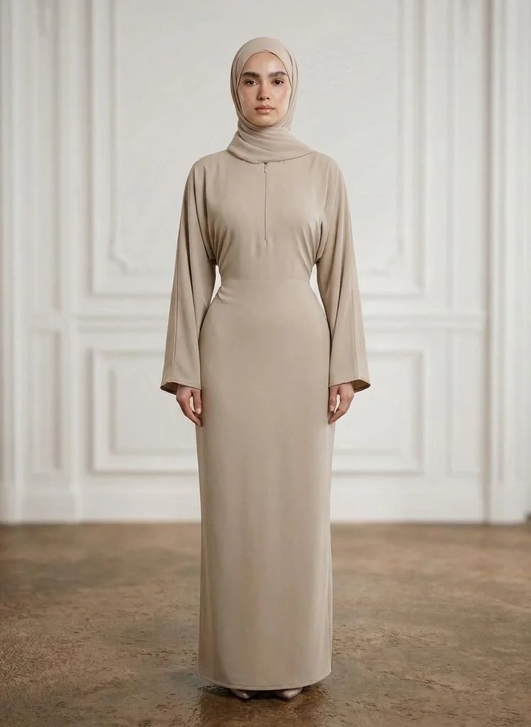 نخبة Sand Beige Front Zip Nida Abaya with Inside Belt & Pockets-962
