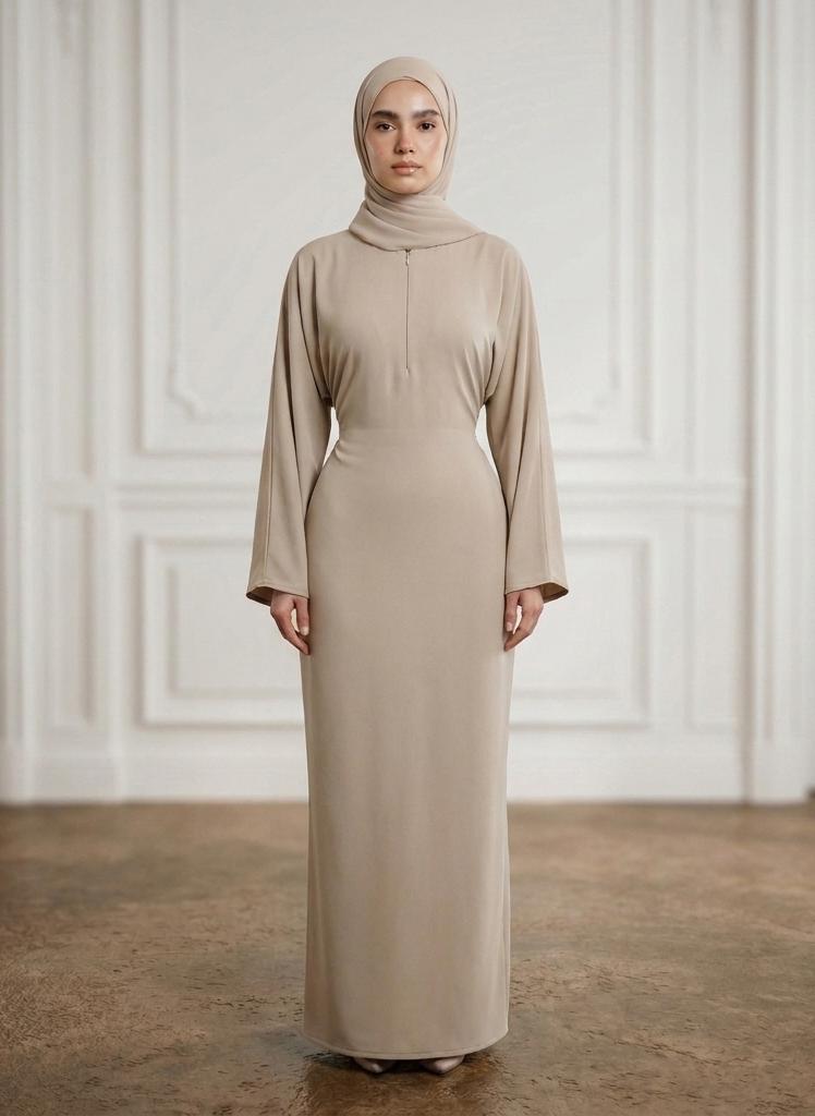 NUKHBAA Sand Beige Front Zip Nida Abaya with Inside Belt & Pockets-962 - Image 2