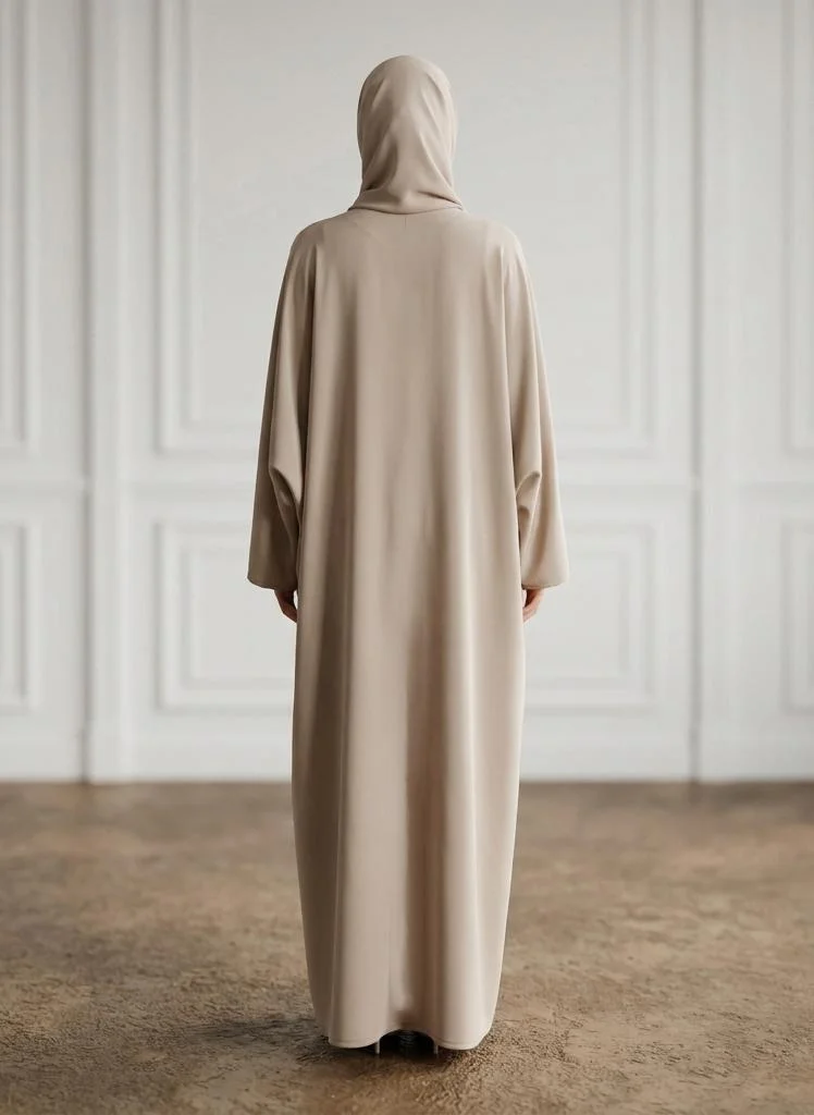 Nukhbaa  Sand Beige Front Zip Nida Abaya with Inside Belt & Pockets-962 for Women | Best Price UAE