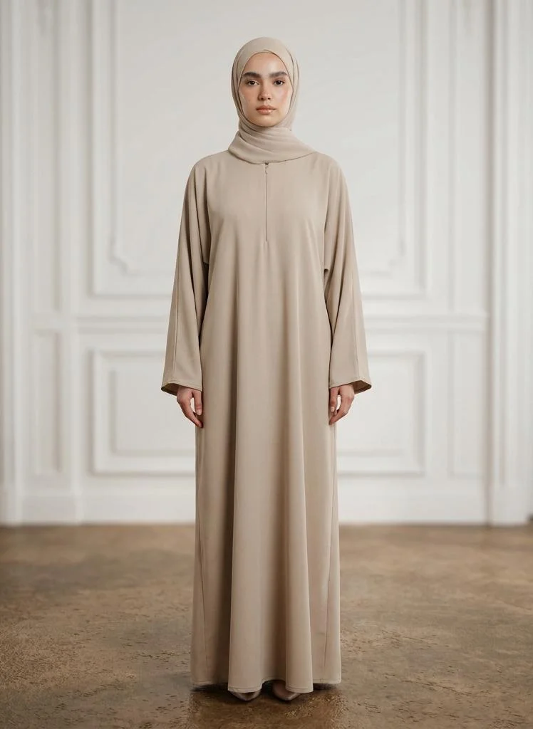 نخبة Sand Beige Front Zip Nida Abaya with Inside Belt & Pockets-962