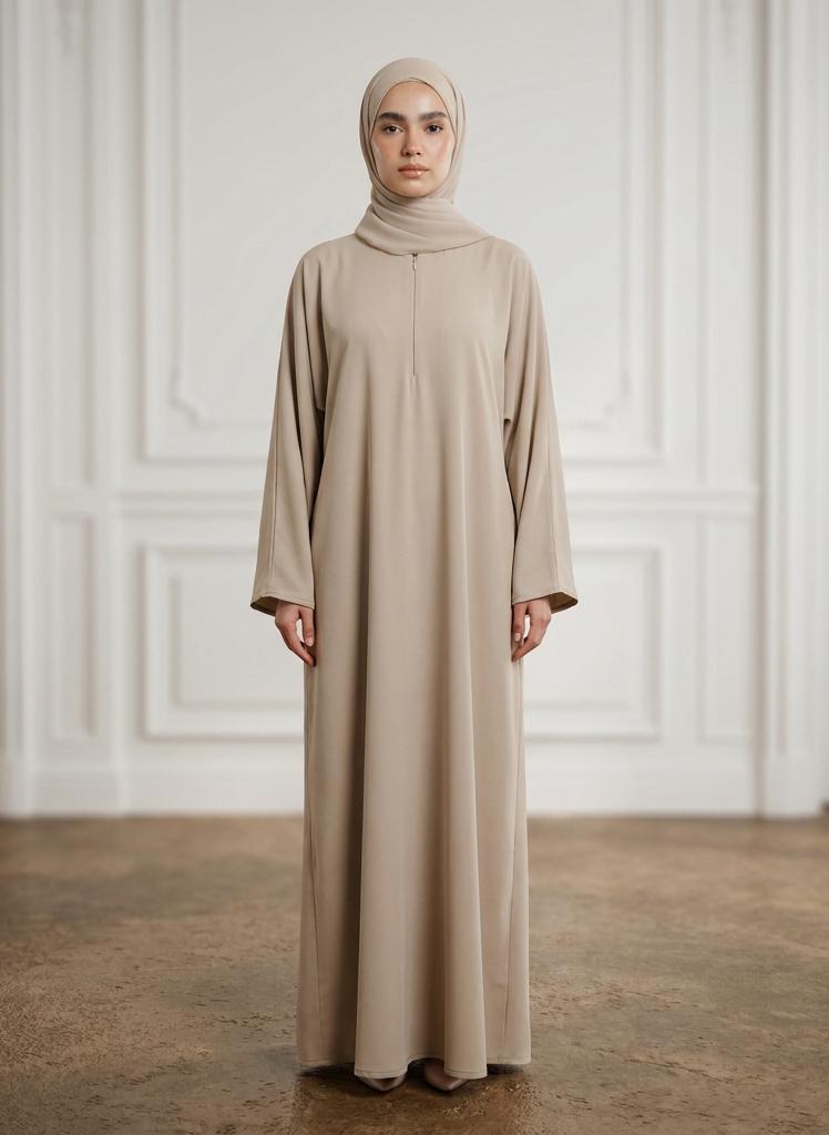 NUKHBAA Sand Beige Front Zip Nida Abaya with Inside Belt & Pockets-962 - Image 1
