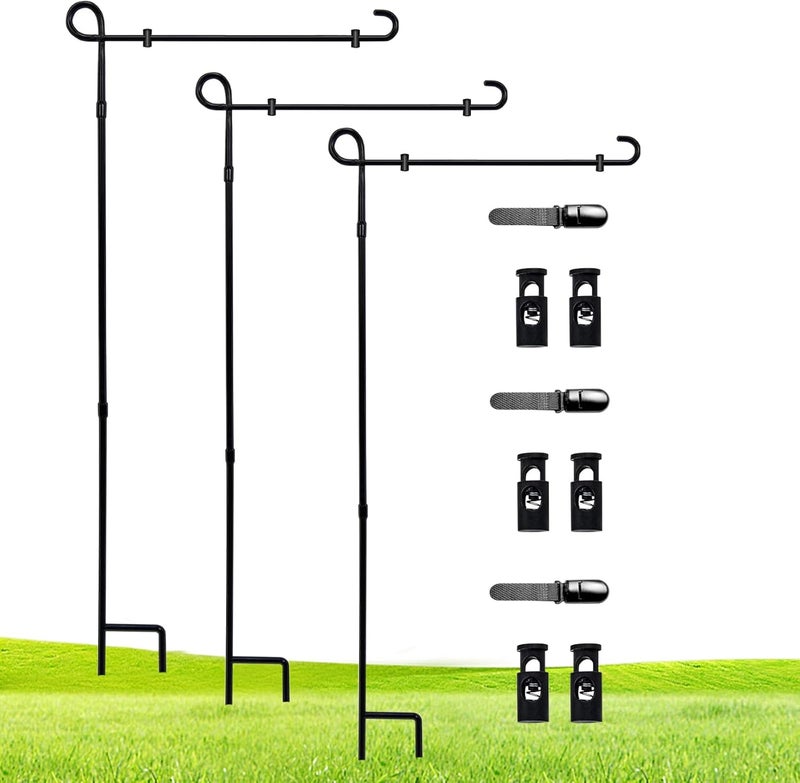 FLAGMESAGE 3 Pack Garden Flag Stand Holder Pole,Premium Powder-Coated Weather-Proof Metal Paint Yard Flag Stand with Tiger Clip and Spring Stoppers,House Flag Pole Holder for Outdoor Garden Lawn - Image 1