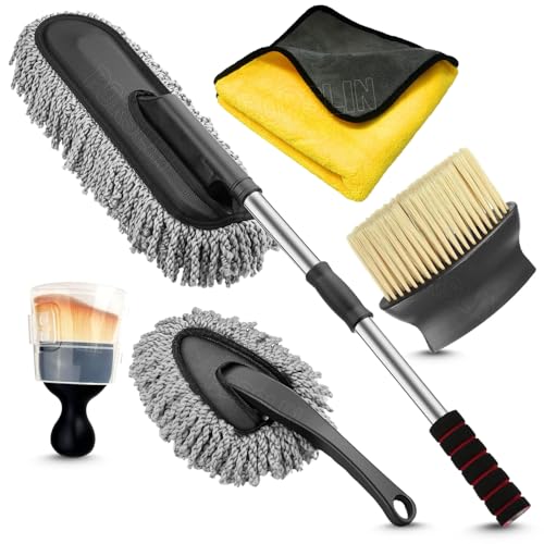 Porslin 5 Pcs Microfiber Car Duster Kit - Extendable Long Handle Car Cleaning Accessories - Interior & Exterior Detailing Brush Set - Scratch & Lint Free,Perfect for Cars,SUVs,Motorcycles,Home,Grey - Image 1
