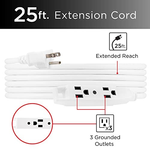 UltraPro 25 Ft Indoor Extension Cord 3 Outlet Extension Cords Outlet Power Strip Short Extension Cord with Multiple Outlets Grounded Heavy Duty Extension Cord 16 Gauge UL Listed White 50806 - Image 2