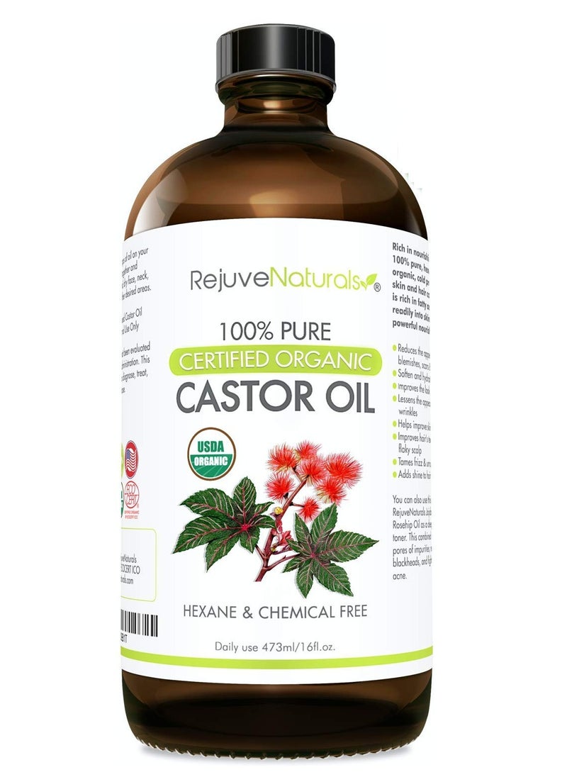 RejuveNaturals RejuveNaturals Castor Oil (16oz Glass Bottle) USDA Certified Organic, 100% Pure, Cold Pressed, Hexane Free. Boost Hair Growth for Thicker, Fuller Hair, Lashes & Eyebrows. 