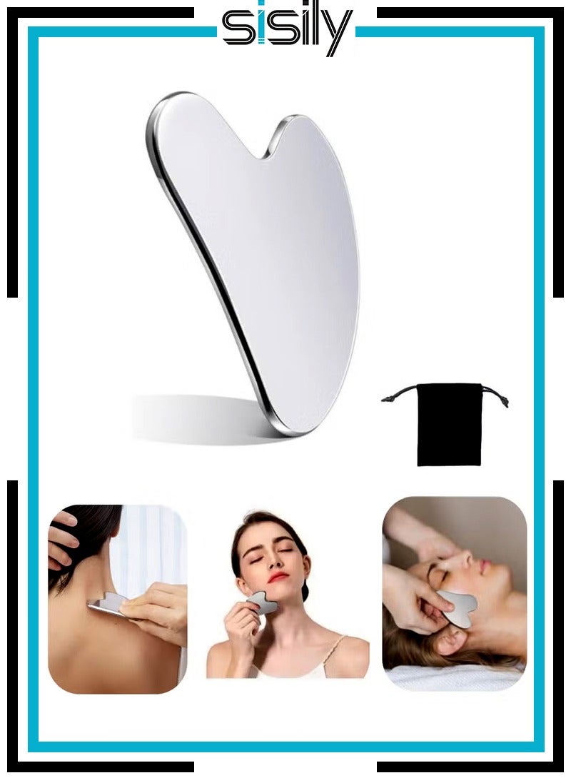 أداة غوا شا للوجه، مصنوعة من الفولاذ المقاوم للصدأ غواشا لتدليك الوجه وتدليك الجمال ولوحة معدنية للعناية بالبشرة وكشط العناية الذاتية بالبشرة وتصريف الدم اللمفاوي وتدليك رفع ومكافحة الشيخوخة والتجاعيد - Image 1