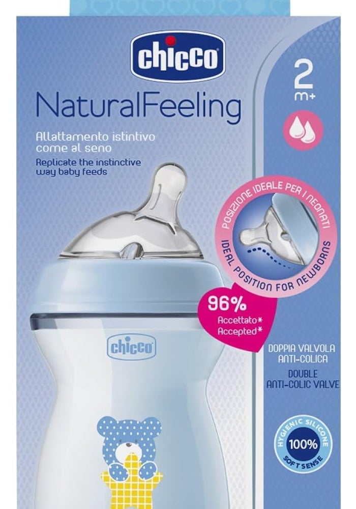 Chicco Natural Feeling Anti-Colic Bottle 250 ml with Soft Silicone Teat for Mixed Breastfeeding - Blue - Image 2