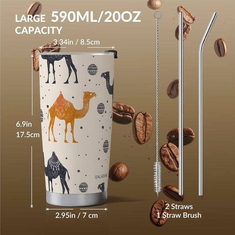 Galadune Stainless Steel Travel Coffee Mug with Straw and Brush - 20 Ounces, Arabian Camel Design - Image 2