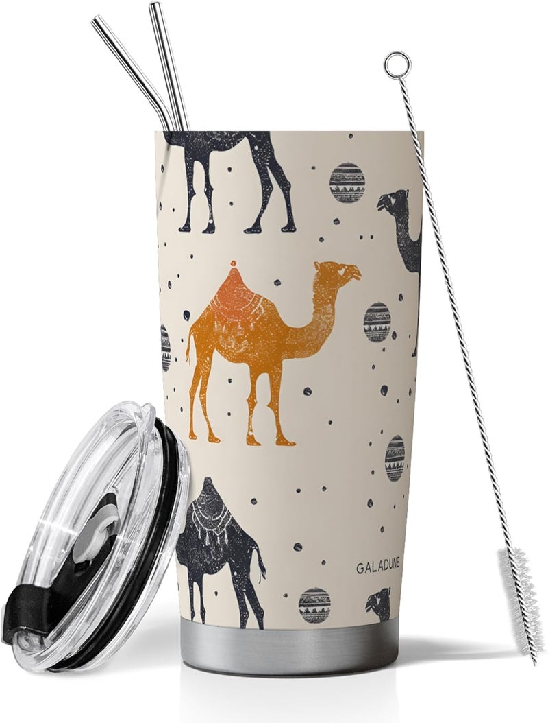 Galadune Stainless Steel Travel Coffee Mug with Straw and Brush - 20 Ounces, Arabian Camel Design - Image 1