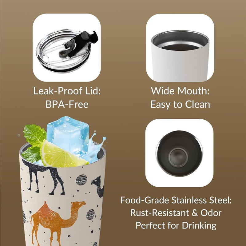 Galadune Stainless Steel Travel Coffee Mug with Straw and Brush - 20 Ounces, Arabian Camel Design - Image 3