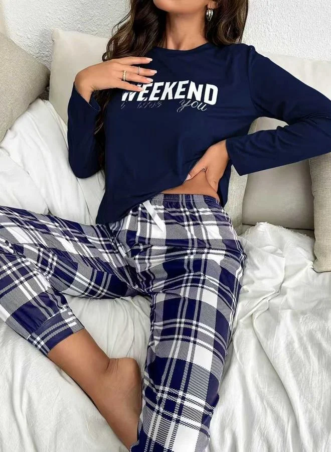 Take Two Navy Blue Text Print Round Neck Top and Checked Pyjama Set for Women | Best Price UAE