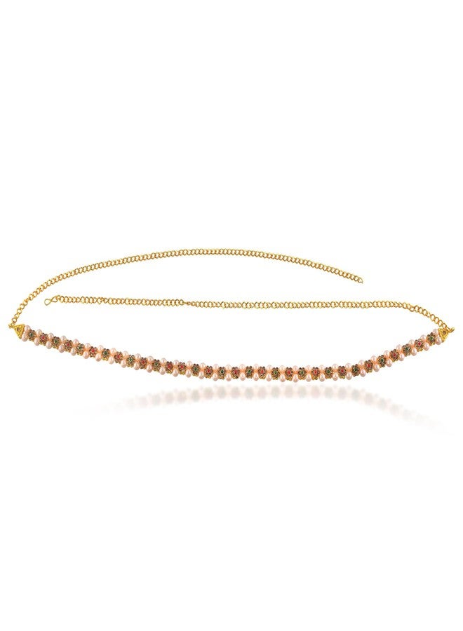 Superstore18 Traditional Indian Women's Kamarbandh Waistbelt Bellychain – Premium Brass, 24KT Micron Gold Plated, Studded with Kundan, Ruby & Emerald Stones, Cultured Pearls – Elegant Bridal wedding formal Wear Traditional Jewellery for women ethnic (SST2609KBKK) - Image 1
