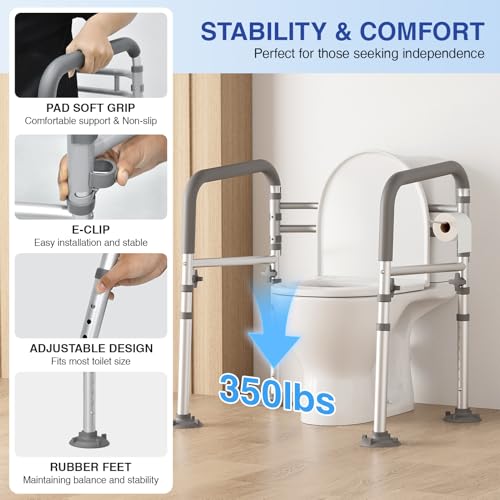 Loyoda Foldable Toilet Safety Rails for Seniors - Adjustable Toilet Safety Frame & Toilet Handles for Elderly & Disabled, Fits Most Toilets, 350lb Capacity, Gray - Image 3