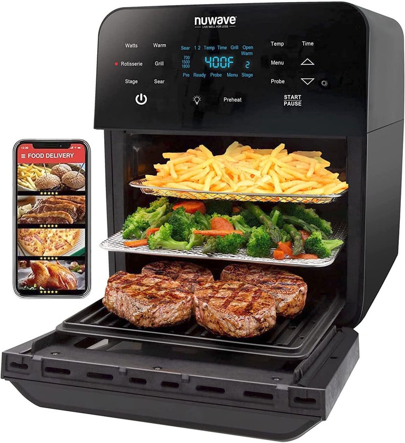 Nuwave Nuwave Brio Air Fryer Oven 155Qt XLarge Family Size SS Rotisserie Basket SkewerKit Reversible Ultra NonStick GrillGriddle Plate Powerful 1800W Integrated Smart ThermometerBlack