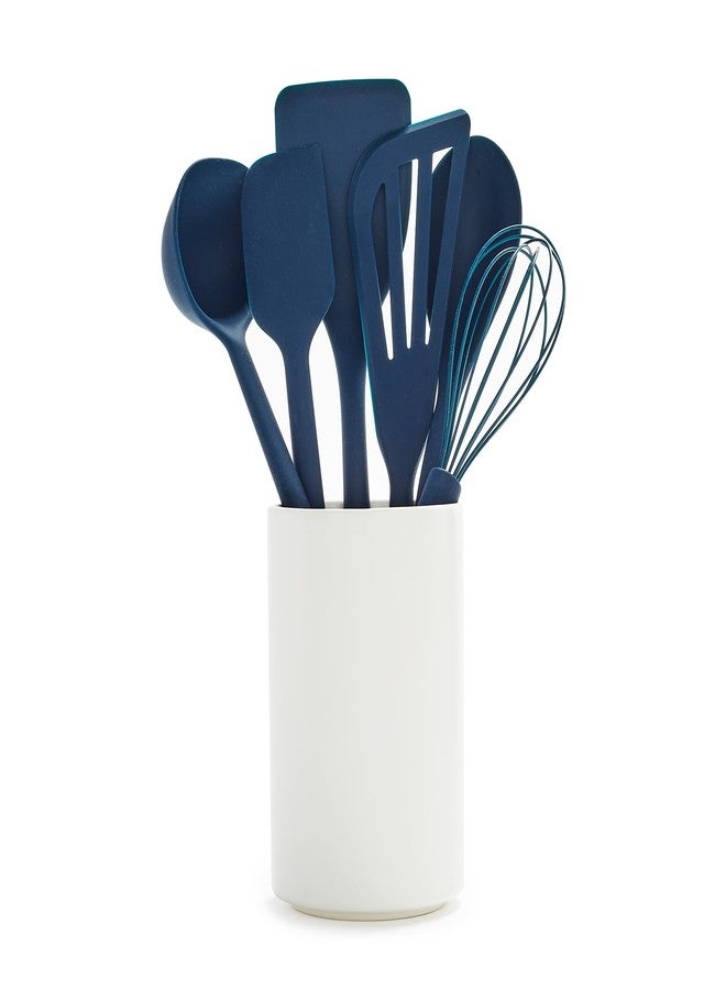 GreenPan Silicone 6 Piece Cooking Utensil Set & Holder, Spoon, Spatulas, Whisk, Ladle, Flexible Nonstick Kitchen Tools, Steel Core Heat-Resistant Anti-Slip Handle BPA-Free Dishwasher Safe, Oxford Blue - Image 1
